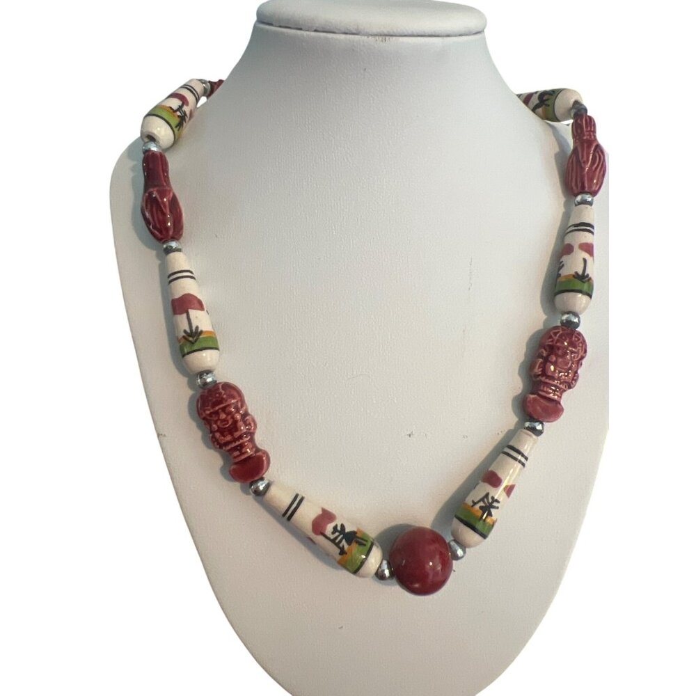 Vintage Peruvian Handpainted Ceramic Bead Necklace Llama Owl Eagle Hook Estate